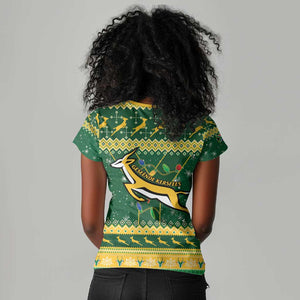 South Africa Christmas Rugby Women V-Neck T-Shirt Springboks Geseende Kersfees