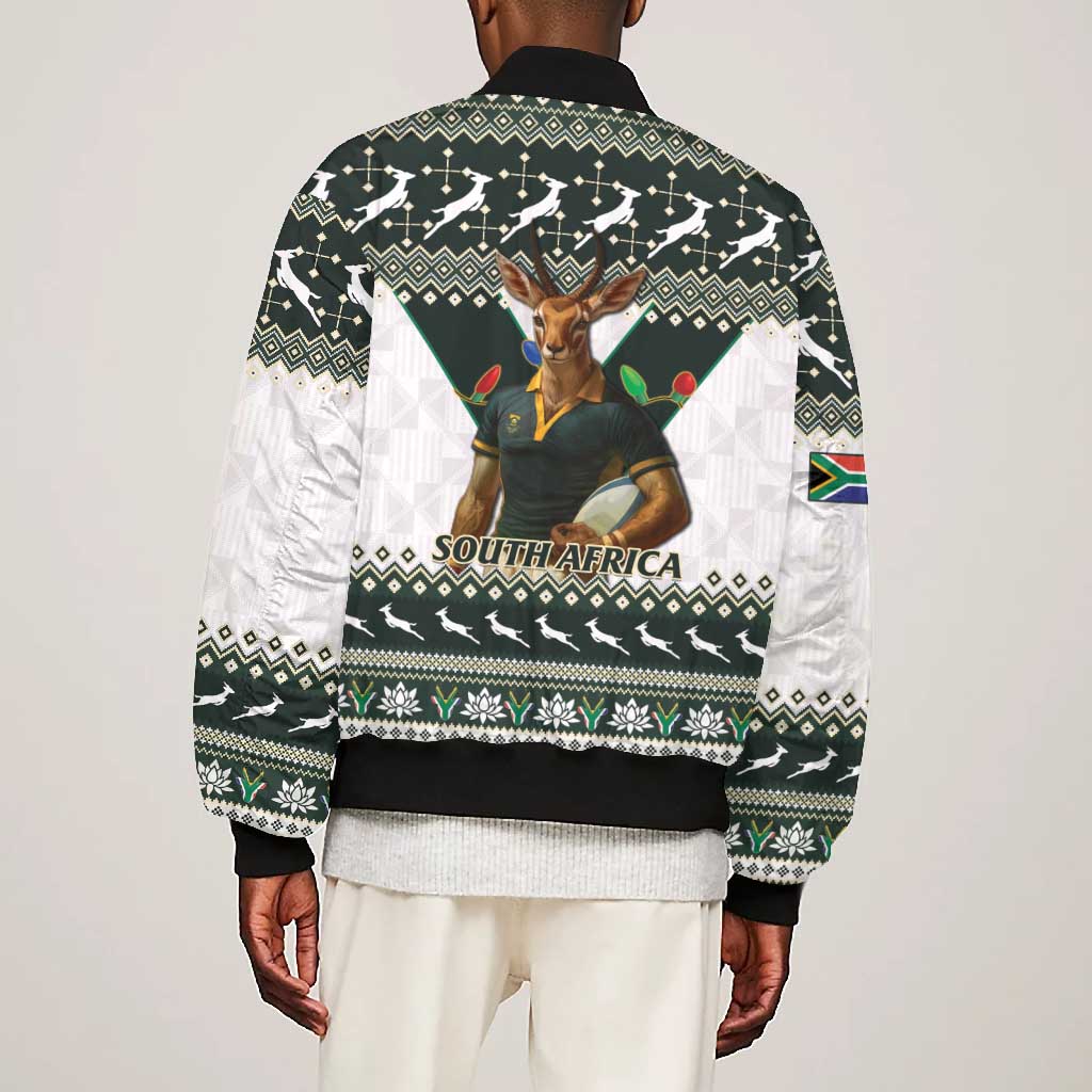 South Africa Christmas Rugby Bomber Jacket Springboks Mascot Mix African Pattern