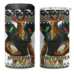 South Africa Christmas Rugby 4 in 1 Can Cooler Tumbler Springboks Mascot Mix African Pattern