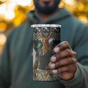 South Africa Christmas Rugby 4 in 1 Can Cooler Tumbler Springboks Mascot Mix African Pattern