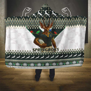 South Africa Christmas Rugby Hooded Blanket Springboks Mascot Mix African Pattern