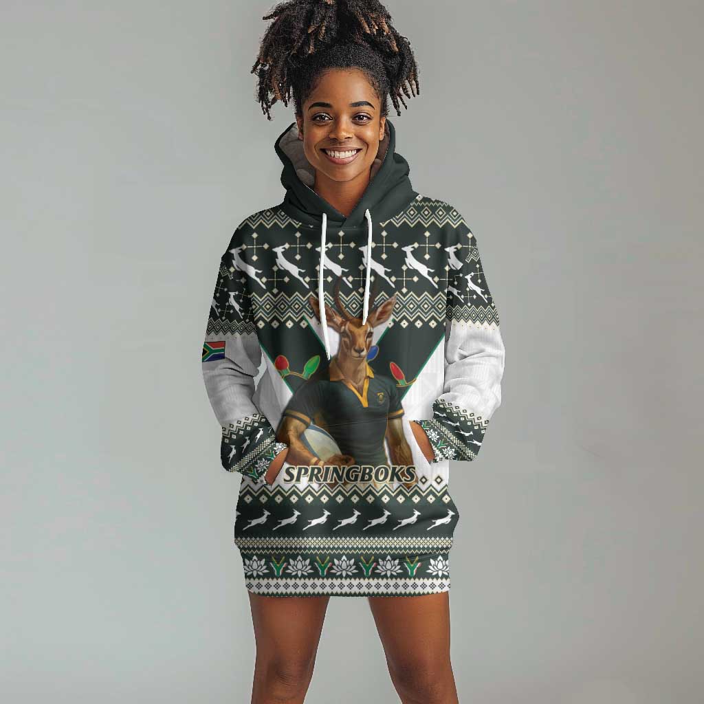 South Africa Christmas Rugby Hoodie Dress Springboks Mascot Mix African Pattern