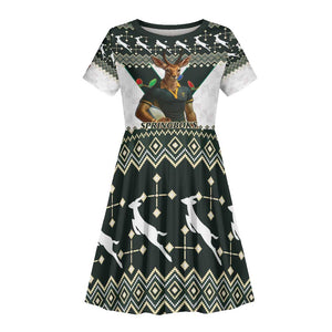 South Africa Christmas Rugby Kid Short Sleeve Dress Springboks Mascot Mix African Pattern