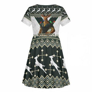 South Africa Christmas Rugby Kid Short Sleeve Dress Springboks Mascot Mix African Pattern