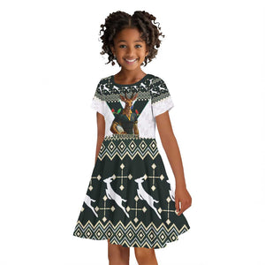 South Africa Christmas Rugby Kid Short Sleeve Dress Springboks Mascot Mix African Pattern