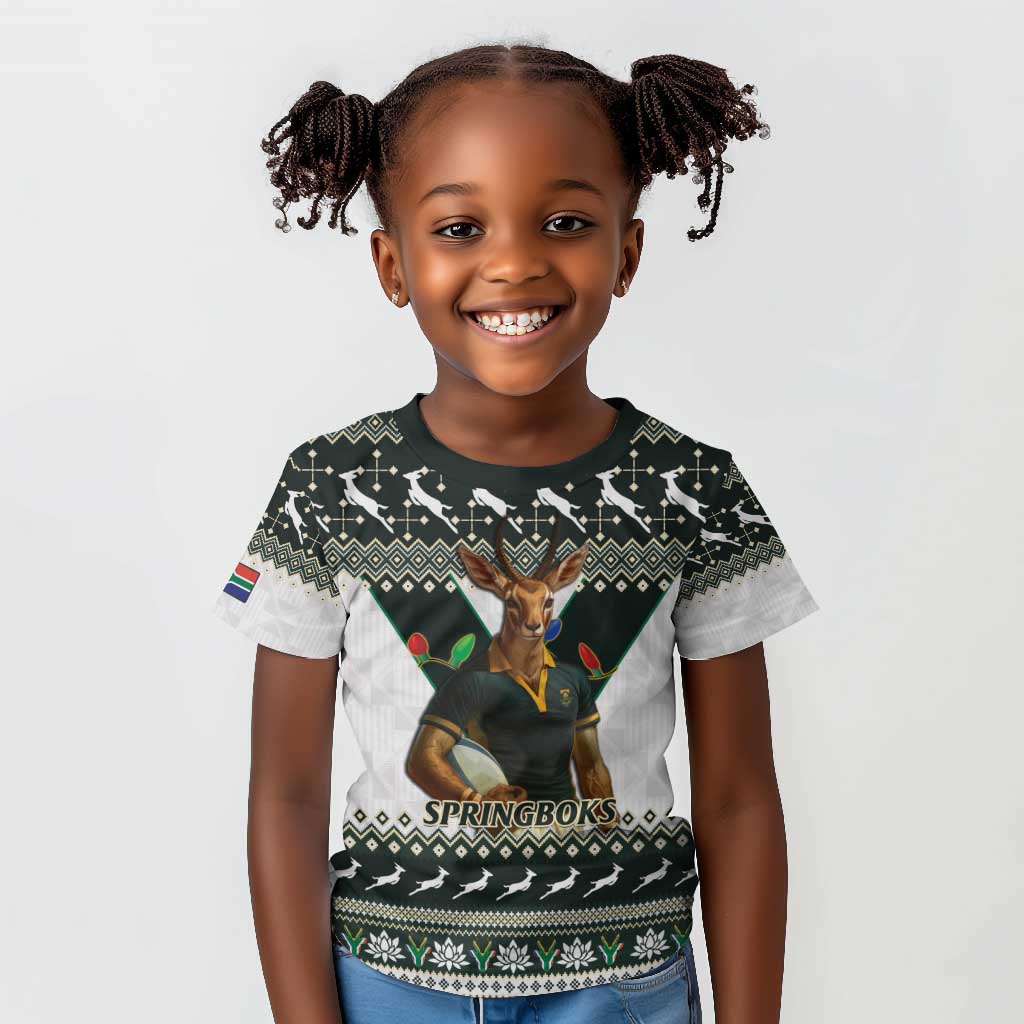 South Africa Christmas Rugby Kid T shirt Springboks Mascot Mix African Pattern