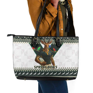 South Africa Christmas Rugby Leather Tote Bag Springboks Mascot Mix African Pattern