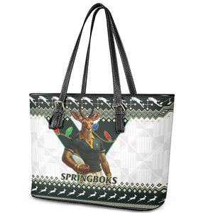 South Africa Christmas Rugby Leather Tote Bag Springboks Mascot Mix African Pattern