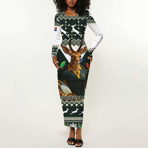 South Africa Christmas Rugby Long Sleeve Bodycon Dress Springboks Mascot Mix African Pattern