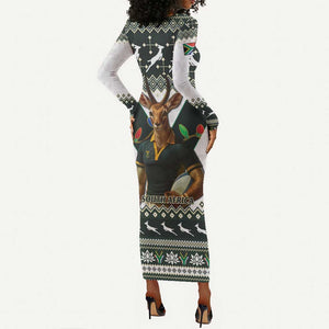 South Africa Christmas Rugby Long Sleeve Bodycon Dress Springboks Mascot Mix African Pattern