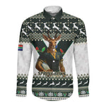 South Africa Christmas Rugby Long Sleeve Button Shirt Springboks Mascot Mix African Pattern