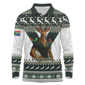 South Africa Christmas Rugby Long Sleeve Polo Shirt Springboks Mascot Mix African Pattern