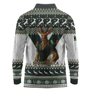 South Africa Christmas Rugby Long Sleeve Polo Shirt Springboks Mascot Mix African Pattern