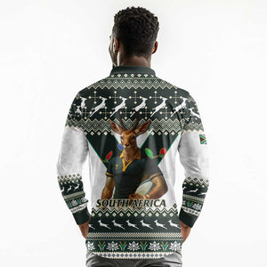 South Africa Christmas Rugby Long Sleeve Polo Shirt Springboks Mascot Mix African Pattern