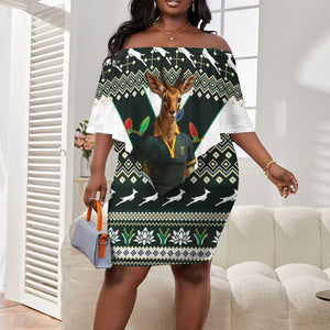 South Africa Christmas Rugby Off Shoulder Short Dress Springboks Mascot Mix African Pattern