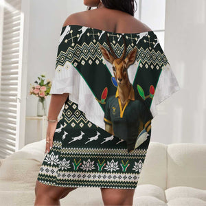 South Africa Christmas Rugby Off Shoulder Short Dress Springboks Mascot Mix African Pattern