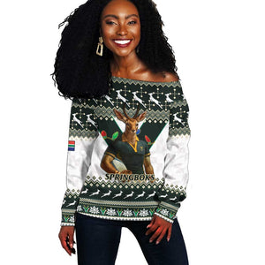 South Africa Christmas Rugby Off Shoulder Sweater Springboks Mascot Mix African Pattern