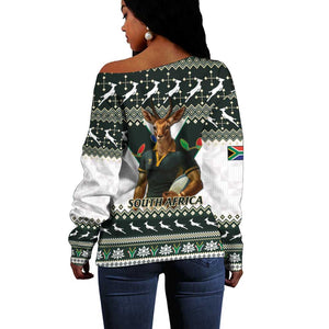 South Africa Christmas Rugby Off Shoulder Sweater Springboks Mascot Mix African Pattern