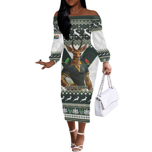 South Africa Christmas Rugby Off The Shoulder Long Sleeve Dress Springboks Mascot Mix African Pattern