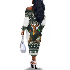 South Africa Christmas Rugby Off The Shoulder Long Sleeve Dress Springboks Mascot Mix African Pattern