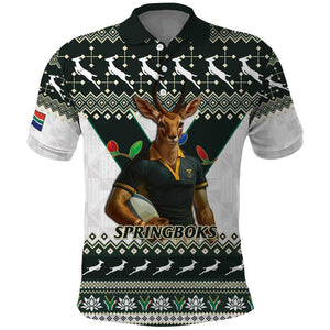 South Africa Christmas Rugby Polo Shirt Springboks Mascot Mix African Pattern