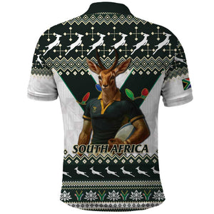 South Africa Christmas Rugby Polo Shirt Springboks Mascot Mix African Pattern