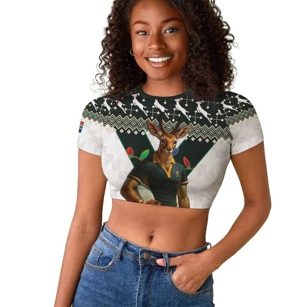 South Africa Christmas Rugby Raglan Cropped T shirt Springboks Mascot Mix African Pattern