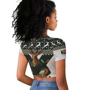 South Africa Christmas Rugby Raglan Cropped T shirt Springboks Mascot Mix African Pattern