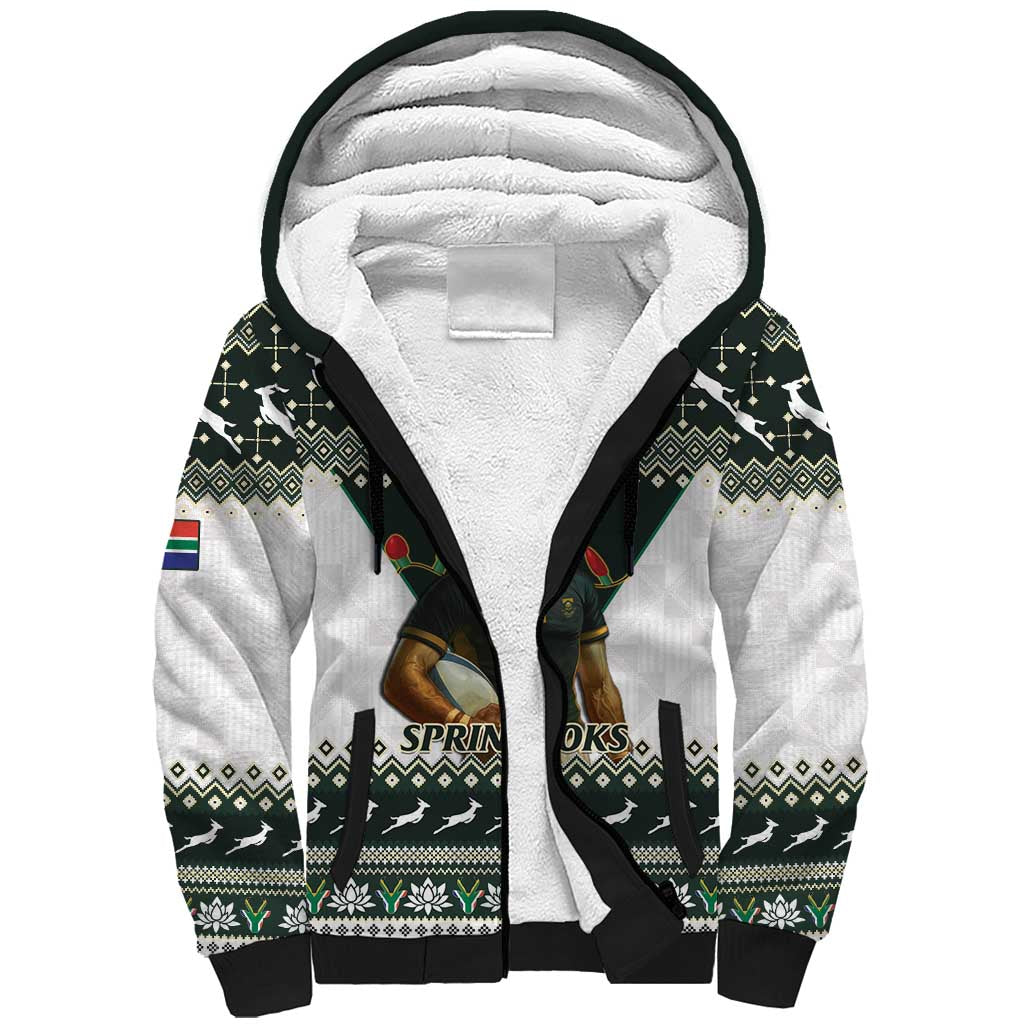 South Africa Christmas Rugby Sherpa Hoodie Springboks Mascot Mix African Pattern