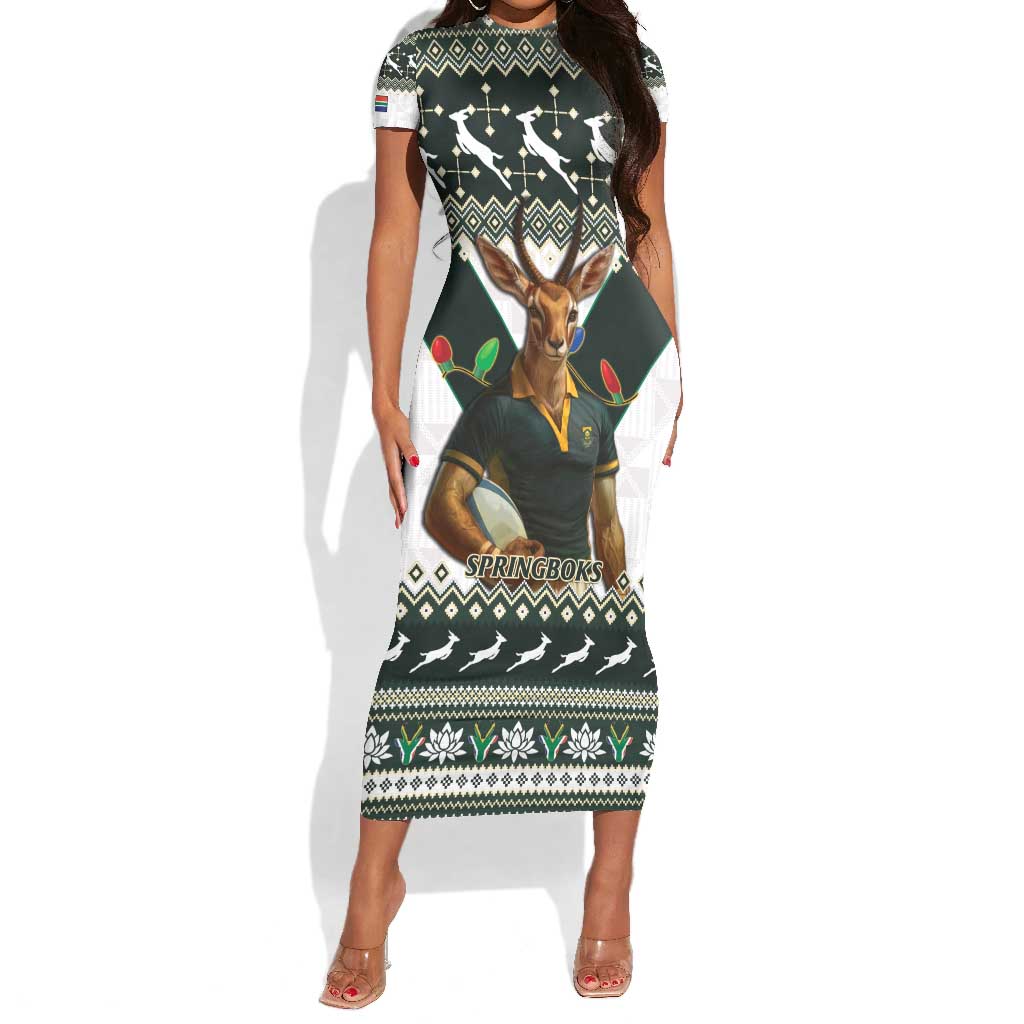 South Africa Christmas Rugby Short Sleeve Bodycon Dress Springboks Mascot Mix African Pattern