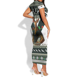 South Africa Christmas Rugby Short Sleeve Bodycon Dress Springboks Mascot Mix African Pattern