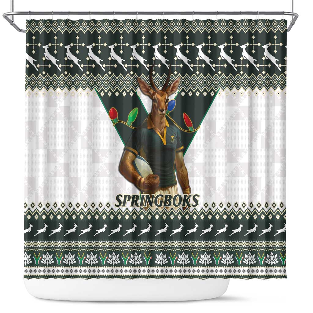 South Africa Christmas Rugby Shower Curtain Springboks Mascot Mix African Pattern