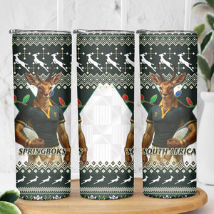 South Africa Christmas Rugby Skinny Tumbler Springboks Mascot Mix African Pattern