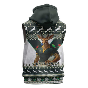 South Africa Christmas Rugby Sleeveless Zip Hoodie Springboks Mascot Mix African Pattern - African Pride