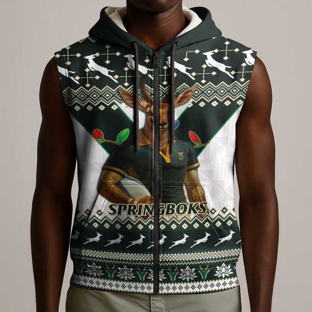 South Africa Christmas Rugby Sleeveless Zip Hoodie Springboks Mascot Mix African Pattern - African Pride