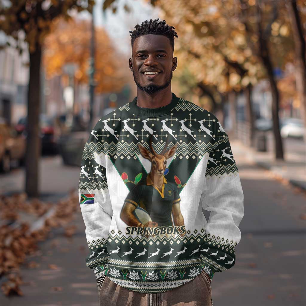 South Africa Christmas Rugby Sweatshirt Springboks Mascot Mix African Pattern