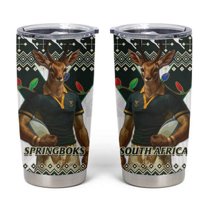 South Africa Christmas Rugby Tumbler Cup Springboks Mascot Mix African Pattern