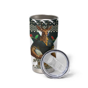 South Africa Christmas Rugby Tumbler Cup Springboks Mascot Mix African Pattern