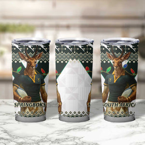 South Africa Christmas Rugby Tumbler Cup Springboks Mascot Mix African Pattern