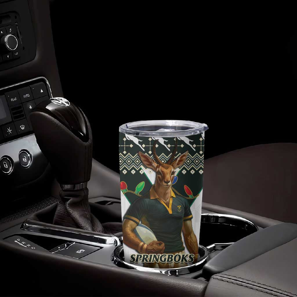 South Africa Christmas Rugby Tumbler Cup Springboks Mascot Mix African Pattern