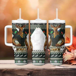 South Africa Christmas Rugby Tumbler With Handle Springboks Mascot Mix African Pattern