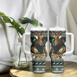 South Africa Christmas Rugby Tumbler With Handle Springboks Mascot Mix African Pattern