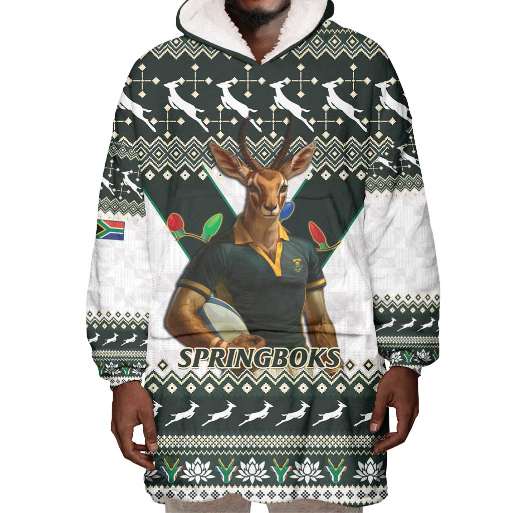 South Africa Christmas Rugby Wearable Blanket Hoodie Springboks Mascot Mix African Pattern