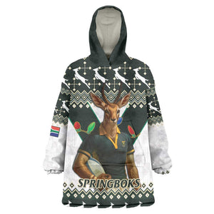 South Africa Christmas Rugby Wearable Blanket Hoodie Springboks Mascot Mix African Pattern