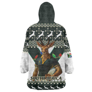 South Africa Christmas Rugby Wearable Blanket Hoodie Springboks Mascot Mix African Pattern