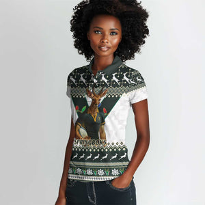 South Africa Christmas Rugby Women Polo Shirt Springboks Mascot Mix African Pattern