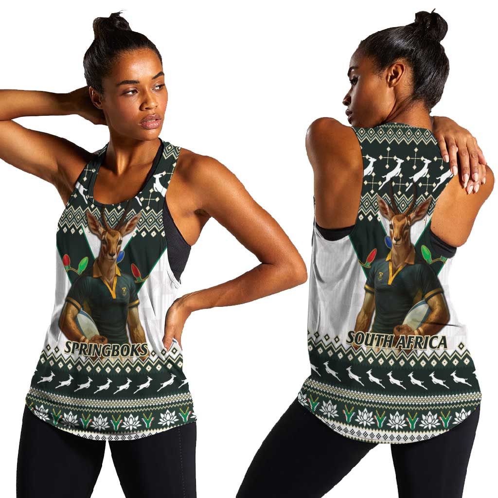 South Africa Christmas Rugby Women Racerback Tank Springboks Mascot Mix African Pattern