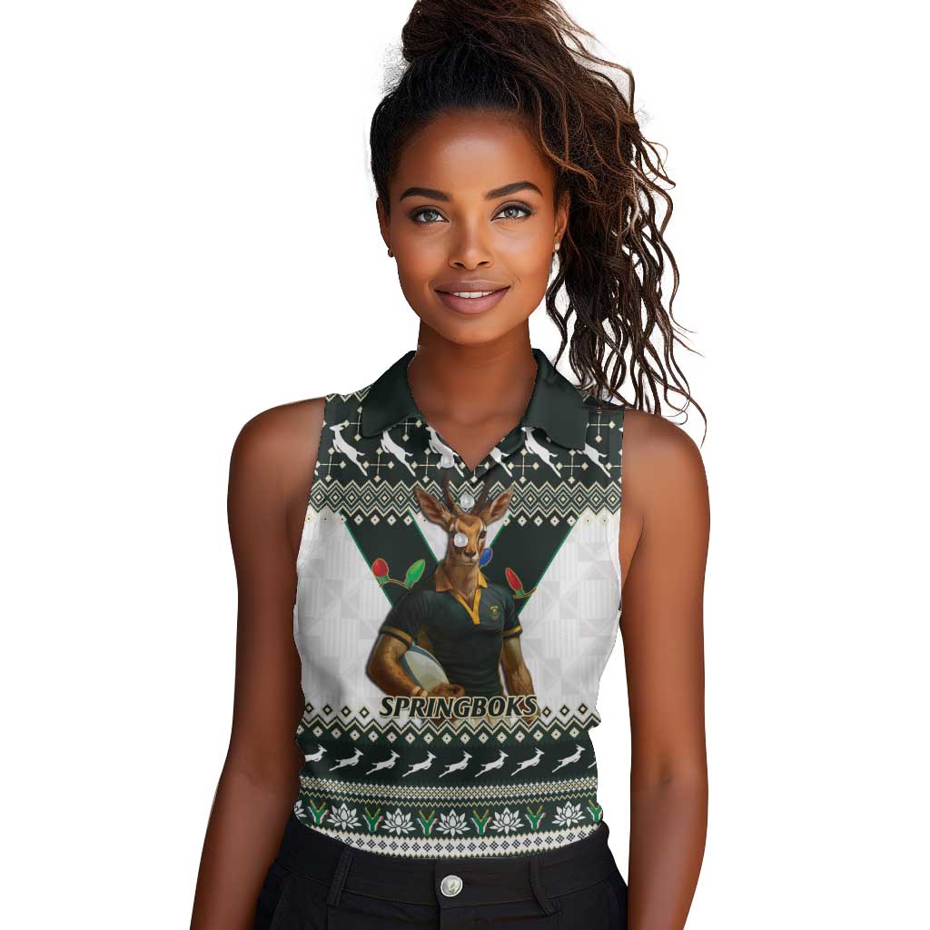 South Africa Christmas Rugby Women Sleeveless Polo Shirt Springboks Mascot Mix African Pattern