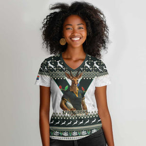 South Africa Christmas Rugby Women V-Neck T-Shirt Springboks Mascot Mix African Pattern