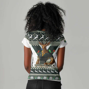 South Africa Christmas Rugby Women V-Neck T-Shirt Springboks Mascot Mix African Pattern